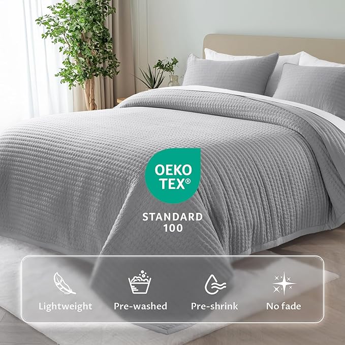KASENTEX Oversized Queen Quilt Set 102"x106" – Soft Washed 3-Layer Lightweight Bedspread, Minimalist Nordic Design, All-Season Spring & Summer Quilt Set (1 Quilt + 2 Pillow Shams), Solid Grey
