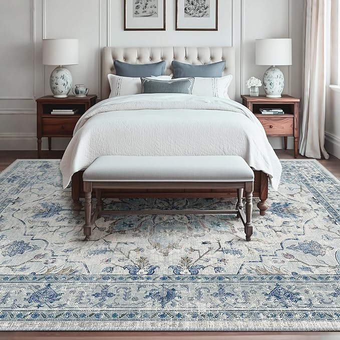 Area Rugs 10'x14' Washable Non-Slip, Floral Vintage Distress Print Pattern Medallion Carpet for Living Room Bedroom Dining Room, Light Blue Navy Beige Gray White