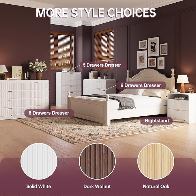 FURSUN 24" Fluted Nightstand Set of 2 with Charging Station, Wooden End Table with 2 Drawers Storage, Curved Profile Design, Modern Bedside Cabinet for Bedroom, White