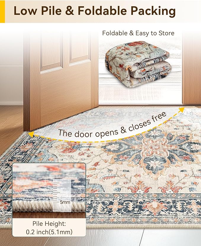 Area Rugs 2'6''x8' Washable Non-Slip, Floral Vintage Distress Print Pattern Medallion Carpet for Living Room Bedroom Dining Room, Beige Navy Blue Orange Colorful