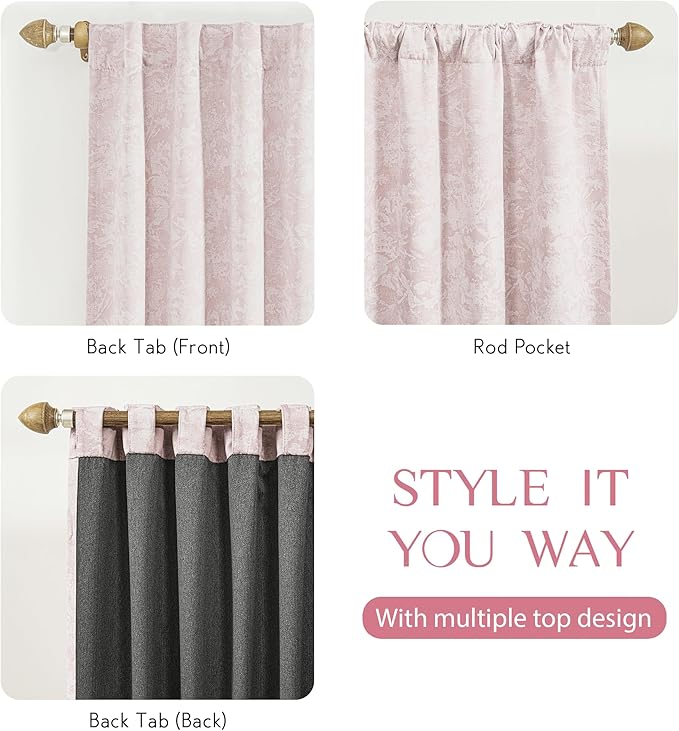 Beauoop Pink Floral Jacquard Blackout Curtains 108 Inches Long 2 Panels for Girls Bedroom Living Room Chenille Flower Room Darkening Thermal Soundproof Rod Pocket Back Tab Window Drapes 52x108