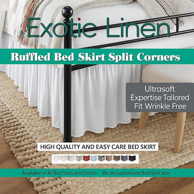 Ruffled Bed Skirt Split Corners with Platform, Tailored Fit Hotel Quality Wrinkle Free Ultra-Soft Microfiber Dust Ruffle, Upto 12 Inch Drop, Full, White