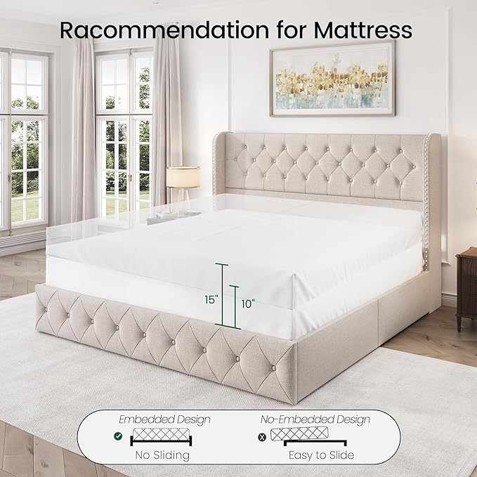 LARMACE King Size Bed Frame with 4 Storage Drawers and Tufted Headboard Linen Upholstered Platform Bed Frame Wingback Beds with Wooden Slats Support, Easy Assembly, Beige
