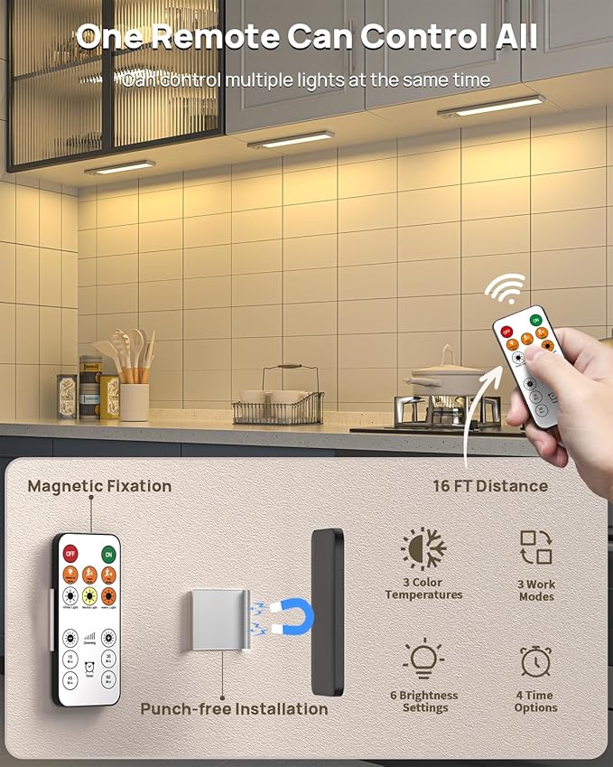 Under Cabinet Lighting with Remote Control,USB Rechargeable 180 Lumen LED Motion Sensor Light Indoor,Wireless Under Counter Light,3 Color Dimmable Closet Light for Bedroom,Wardrobe,Stairs,4 Pack