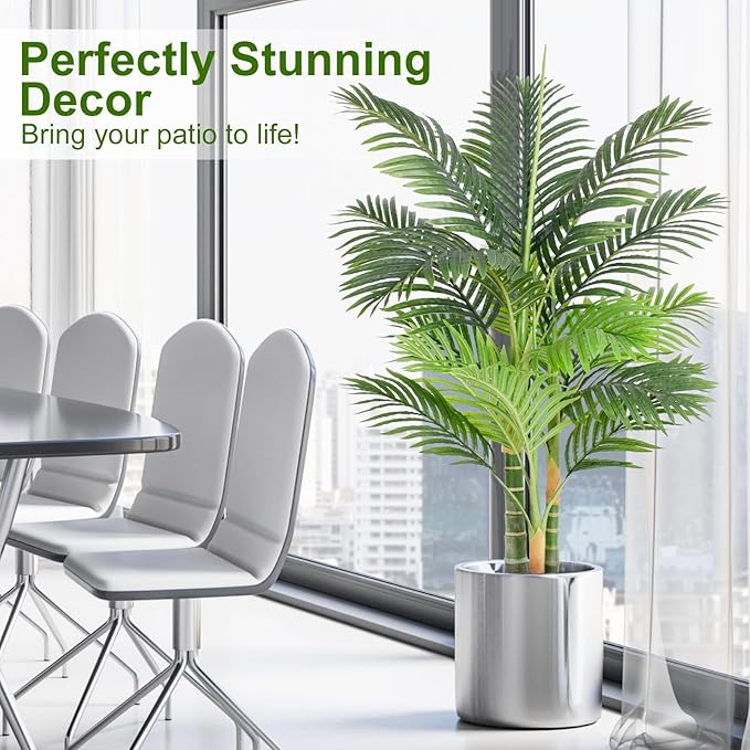 4ft Tall Triple Golden Cane Palm Artificial Tree 48" Large Tropical Palm Tree UV Resistant Fake Tree in Pot for Indoor Outdoor Big House Living Room Outside Patio Office Home Decor 2Pack