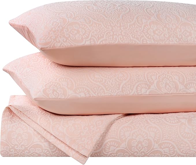 Superior 3 Piece Bedspread Set, Home Bed Decor, Decorative Bed Spread, 2 Pillow Shams, Medium Weight Blanket, Floral Matelasse Coverlet, Bedding Essentials, Enzy Collection, King, Peach