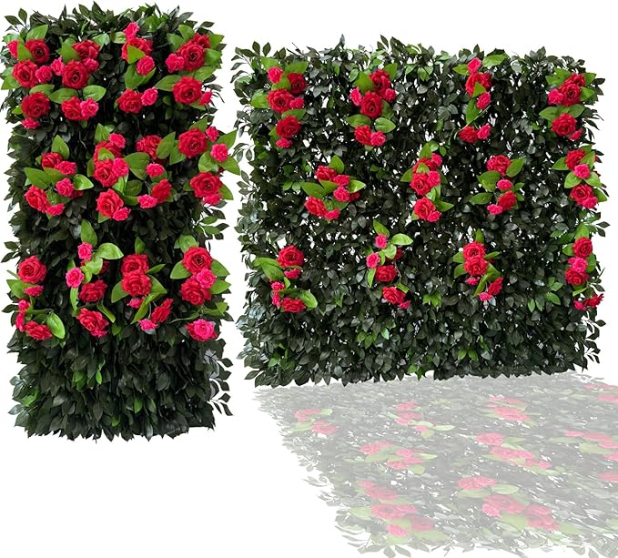 Sumery Expandable Fence Privacy Screen for Balcony Patio Outdoor,Decorative Faux Ivy Fencing Panel,Artificial Hedges (Single Sided Leaves) (2, Branches -Red Rose)