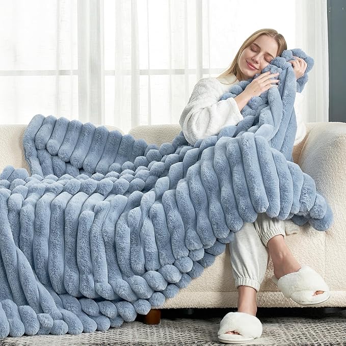 Cozy Bliss Faux Fur Throw Blanket for Couch, Cozy Warm Plush Striped Blanket for Sofa Bedroom Living Room, 60 * 80 Inches Light Blue