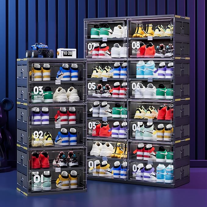 JEKO&JEKO 8-Tier Foldable Shoe Storage Cabinet with Magnetic Doors, Large Collapsible Shoe Rack Organizer for Entryway, Fits Up to 16 Pairs, Black