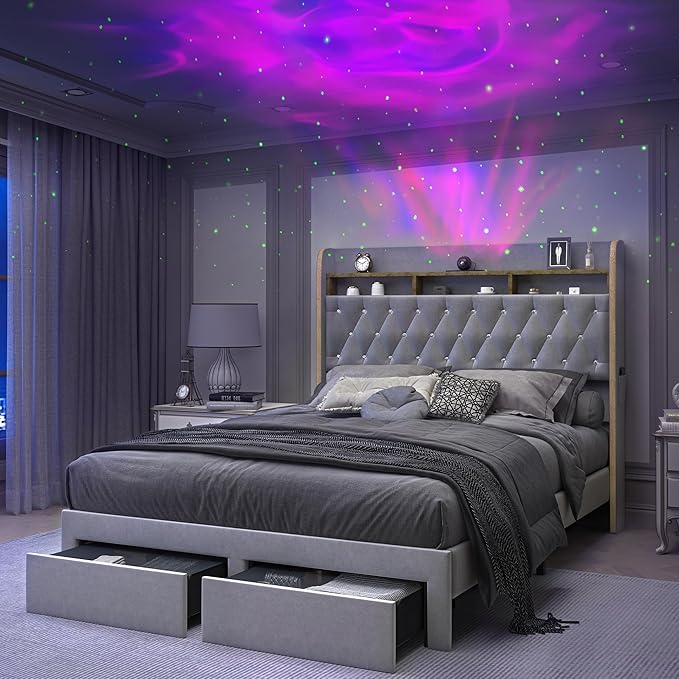 King LED Bed Frame with 2 Storage Drawers, PU Upholstered Platform Beds with Galaxy Star Projector Charging Station Speaker, Aurora Bedframe with 2-Tier Storage Headboard, Noise-Free, White