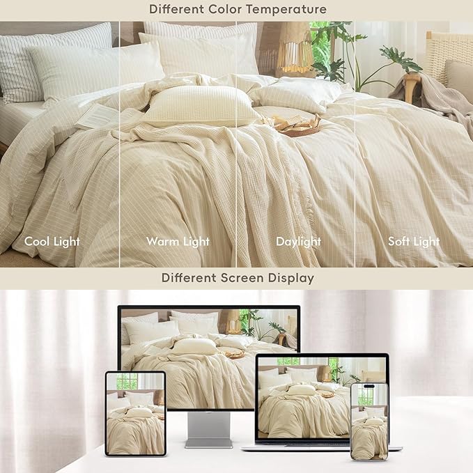 MooMee Striped Duvet Cover Set 100% Washed Cotton Linen Like Textured Breathable Durable Soft Comfy (Almond Milk Grey White Wide Stripes, Super King 108"x98")