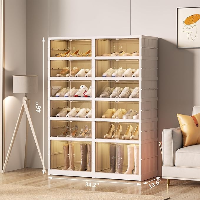 Shoe Rack Organizer for Closet Entryway Foldable Sneaker Storage Shoe, Collapsible Shoe Cabinet, Stackable Shoe Storage Cabinet with Lids for Living Room (6 Tiers 24 Pairs)