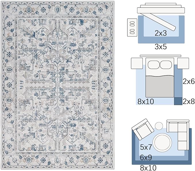 jinchan Lima 9x12 Machine Washable Area Rugs for Living Room - Vintage Floral Stain Resistant Low Pile Ultra-Thin Non Slip Accent Rug for Bedroom Kitchen Dining Room Home Office (9x12ft, Blue)