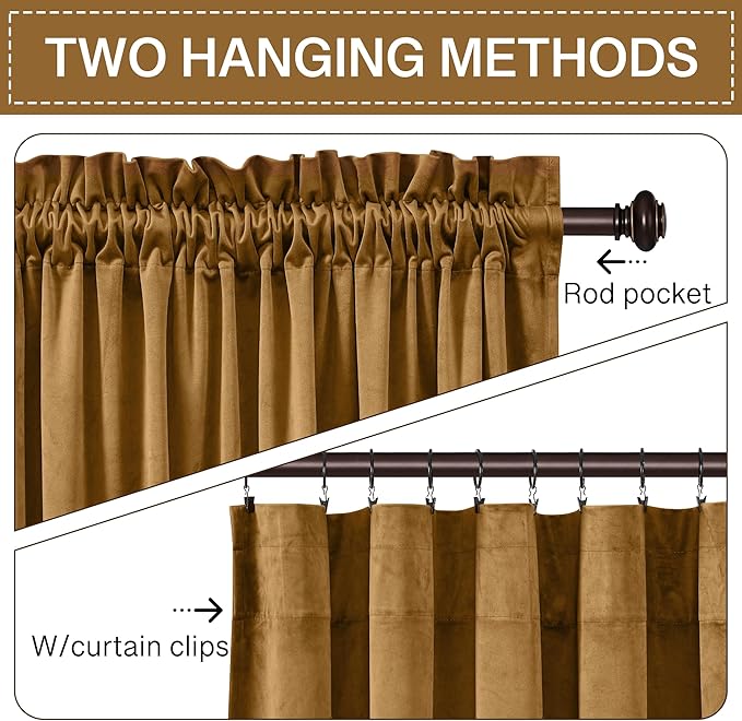 StangH Gold Brown Velvet Curtains 96 inches for Living Room, Room Darkening Thermal Insulated Privacy Drapes for Sliding Door, Vintage Wall Backdrop for Holiday, W52 x L96, 2 Panels