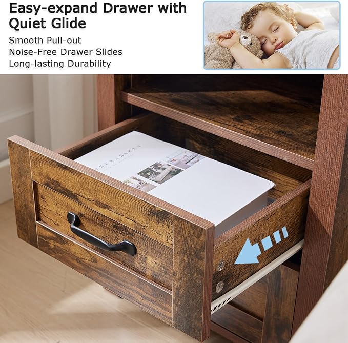 Puntogen Brown Night Stand Set of 2, Rustic End Table with Charging Station, Farmhouse Tall Nightstand for Bedroom, Drawer Dresser Bedside Table with Open Storage Shelf