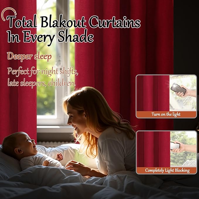 Short Linen Blackout Curtains for Winter Christmas Decor 45 Inch Long, Red Thermal Insulated Short Total Light Blocking Curtains for Small Window Living Room Bedroom, Each 52x45 Inch 2 Panels