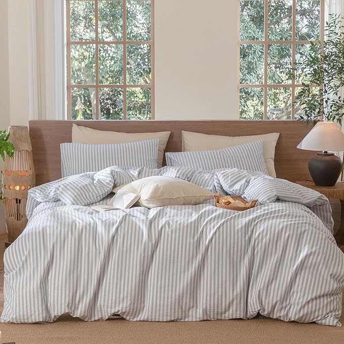 MooMee Striped Duvet Cover Set 100% Washed Cotton Linen Like Textured Breathable Durable Soft Comfy (Cornflower Blue White Classic Stripes, Oversized Queen 98"x98")
