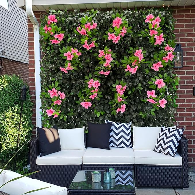 Sumery Expandable Fence Privacy Screen for Balcony Patio Outdoor,Decorative Faux Ivy Fencing Panel,Artificial Hedges (Single Sided Leaves) (1, Branches -Pink Fowers)