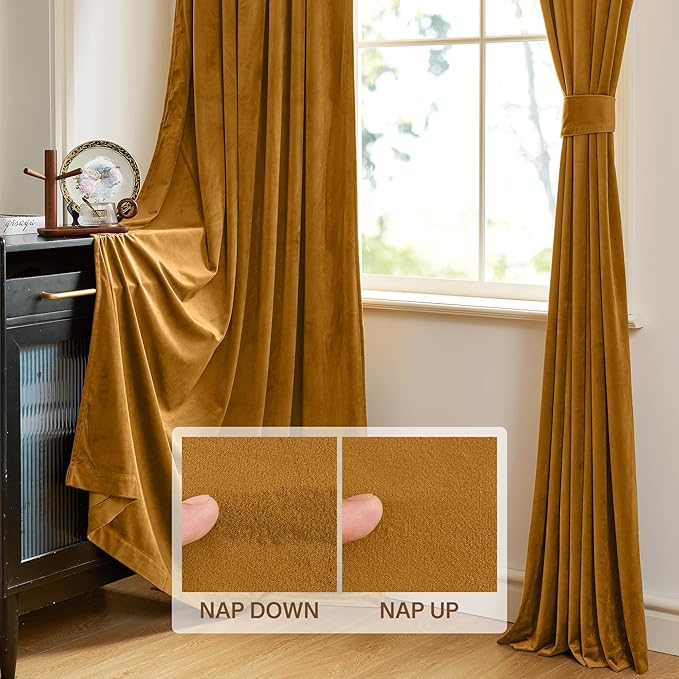 StangH Mustard Gold Velvet Fall Curtains - Stylish Thermal Insulated Drapes for Living Room, Soft Noise Reducing Curtains, Vibrant Home Decor, W52 x L102, 2 Panels