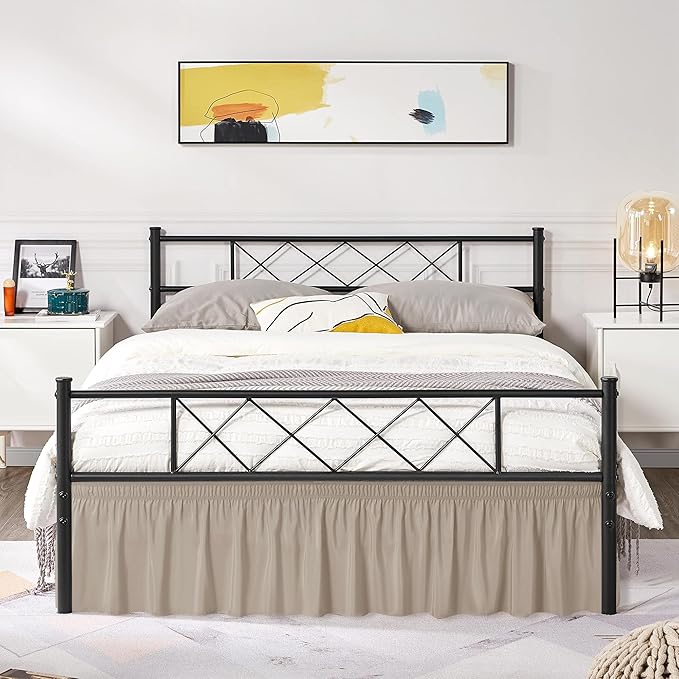 Biscaynebay Wrap Around Bed Skirts with Split Corners for Queen Beds 14" Drop, Light Camel Elastic Dust Ruffles Adjustable Easy Fit Wrinkle & Fade Resistant Silky Luxurious Fabric Machine Washable