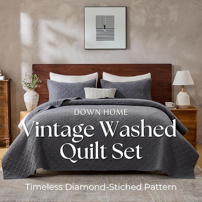 Queen Quilt Set with Shams Lightweight Quilted Bedspread Coverlet Thin Comforter Bed Cover Vintage Washed Quilted Blanket for All Season, Brushed Microfiber Diamond Stitching, Ash Gray, 88"x92"