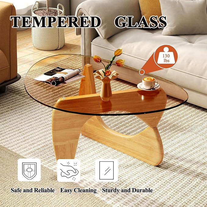 Modern Glass Coffee Table, Mid Century Coffee Table,Small Coffee Table for Living Room,Suitable for Bedroom Living Room Reception Office Tables (Wood/Brown, Small)