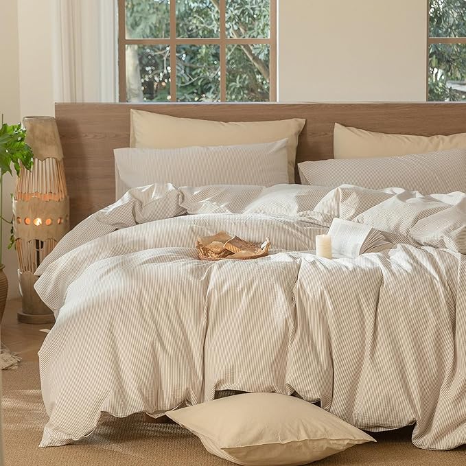 MooMee Striped Duvet Cover Set 100% Washed Cotton Linen Like Textured Breathable Durable Soft Comfy (Tannish Linen Grey White Pinstripes, Super King 108"x98")