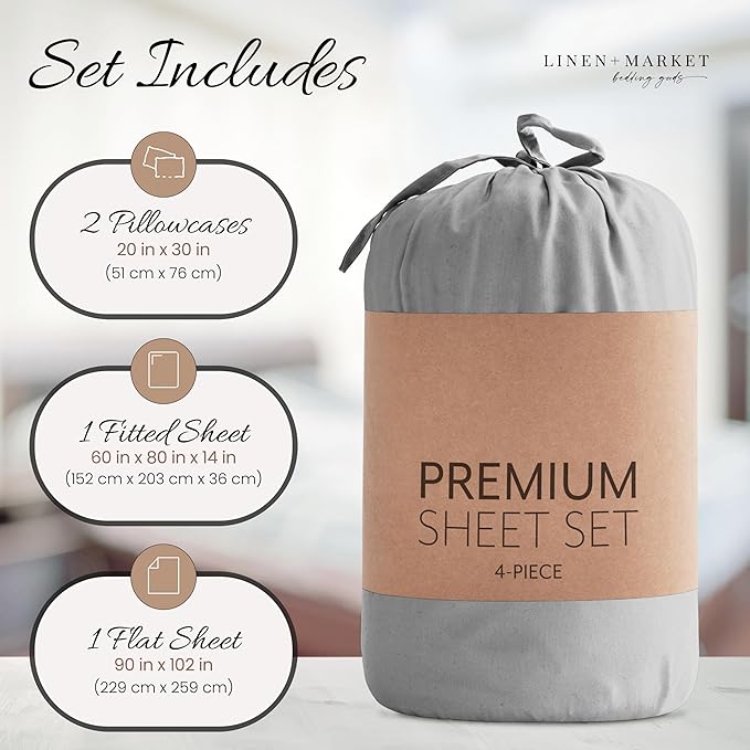Linen Market Brushed Microfiber Queen Sheet Set 4 Piece – Oeko-TEX Certified Ultra Soft & Wrinkle-Free - 16" Deep Pocket Sheets - Easy Care Queen Size - Light Gray