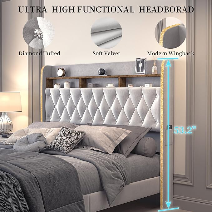 King LED Bed Frame with Storage Drawers, Velvet Upholstered Platform Beds with Galaxy Star Projector Charging Station Speaker, Aurora Bedframe with 2-Tier Storage Headboard, Noise-Free, Grey