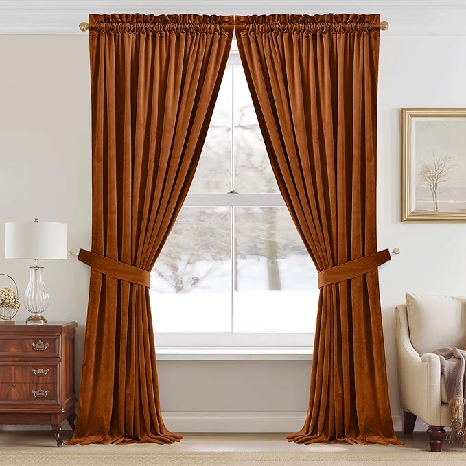 StangH Burnt Orange Velvet Curtains 96 inches Long, Fall Curtains Terracotta Living Room Light Blocking Privacy Window Drapes for Patio Sliding Door/Dining Room, W52 x L96, 2 Panels
