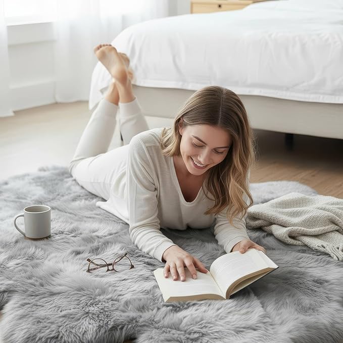 Premium Genuine Sheepskin Rug 5' x 6' Long Fur Soft & Natural Shaggy Living Room Rug, Silver Gray, Six Pelt
