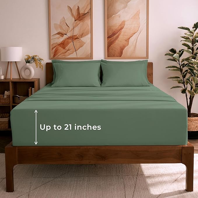 Mellanni Full Sheet Set - 6-Piece Iconic Collection Bedding, (Including 4 Pillowcases), 21-Inch Extra Deep Pocket, Easy Care, Ultra Soft, Cooling Sheets, Brushed Microfiber - Sage