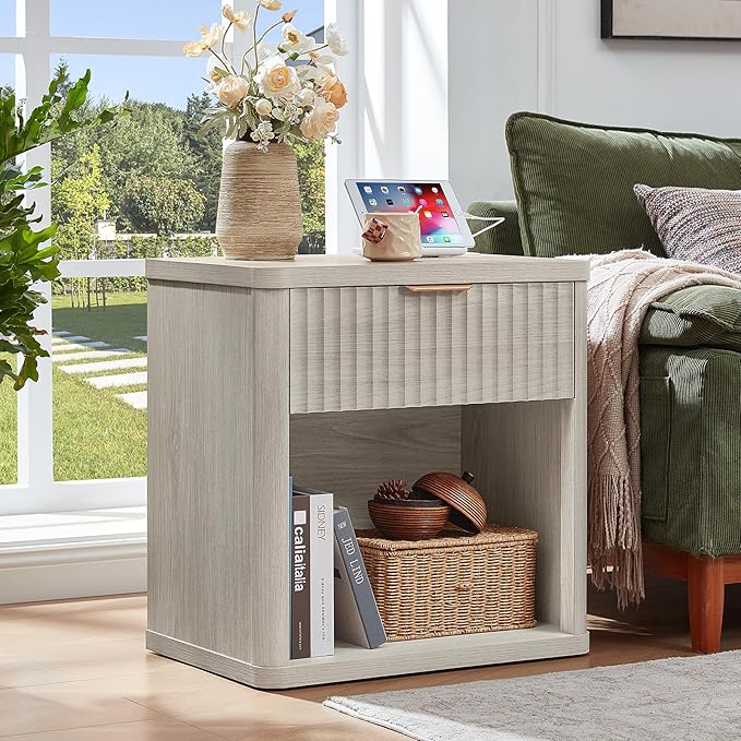 LEYAOYAO 23" Wide Fluted Farmhouse Night Stand Set of 2 with Charging Station, 1 Drawers Large End Table w/Metal Handle, LightGrey Nightstand Bedside Table,Wood Dresser for Bedroom, Closet