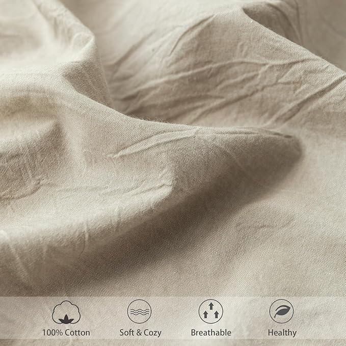 MooMee Fitted Bottom Sheet Only 100% Washed Cotton Linen Like Textured Breathable Durable Soft Comfy Deep Pocket Fits Mattress up to 17" (Tannish Linen Grey, California King)