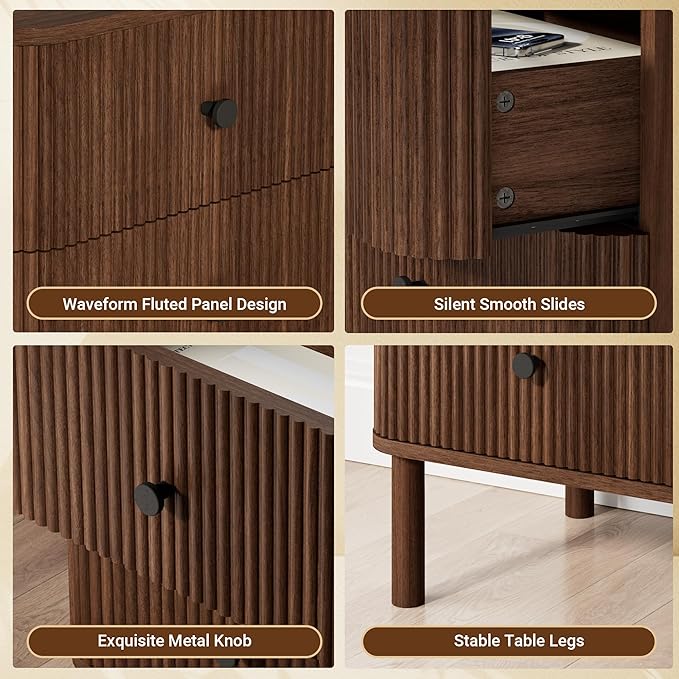 Night Stand with Charging Station, 18" Fluted Nighstand with Rounded Corners & Solid Wood Legs, 2 Drawers End Table with Storage, Mid Century Modern Bedside Table for Bedroom, Walnut
