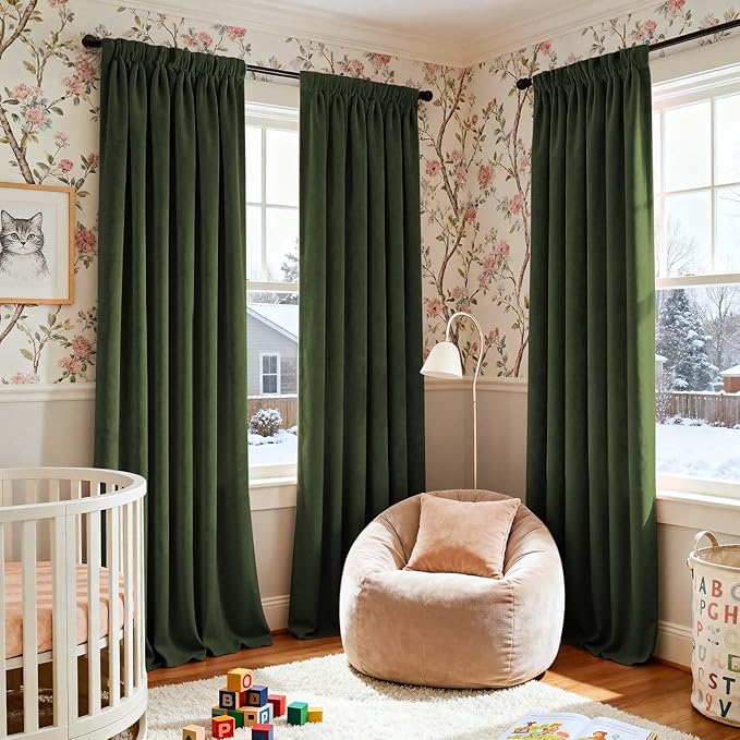 Lazzzy Velvet Blackout Curtains Thermal Insulated Room Window Drapes Super Soft Luxury Curtains for Living Room Bedroom Rod Pocket 2 Panels, Moss, 52" W x 96" L