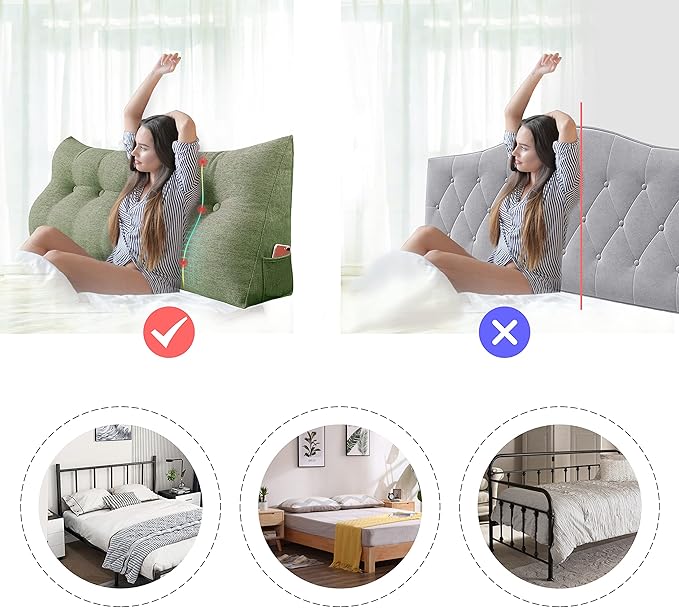 homecozy Wedge Headboard Pillow Dorm Room Reading Pillow Back Support for Sitting Up in Bed Bolster Lumbar Cushion Body Positioning Bedrest Cotton Linen 59in Grass Green Queen