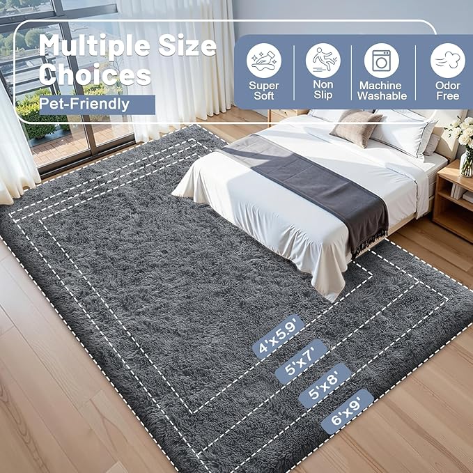 OLANLY 3x5 Machine Washable Small Bedside Rug, Soft Fluffy Shaggy Rugs for Living Room, Bedroom, Indoor Floor Carpet for Kids Girls and Boys, Preppy Dorms, Nursery, Home Decor Aesthetic, Grey