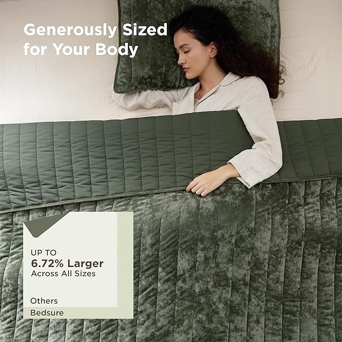 Bedsure Velvet Quilt Queen Size Set - Lightweight Velvet Comforter Queen, Luxury Bedspread Coverlet, Ultra-Soft Winter Bedding Set with 2 Pillow Shams, 90"x96", Olive Green