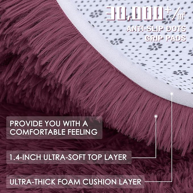 OLANLY Burgundy Round Rugs for Bedroom - Machine Washable, 2 ft Circle Area Rugs for Living Room, Soft and Fluffy Shaggy Carpet for Teen Girls and Boys, Nursery Rooms, Dorms, Home Decor Aesthetic