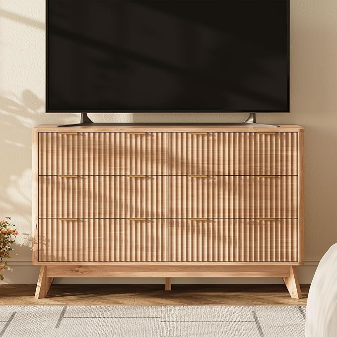 47'' Wide 6 Drawers Dresser for Bedroom,Modern Fluted Vertical Chest with Rounded Corners,Fluted Dresser for Living Room,Hallway, Natural Wood