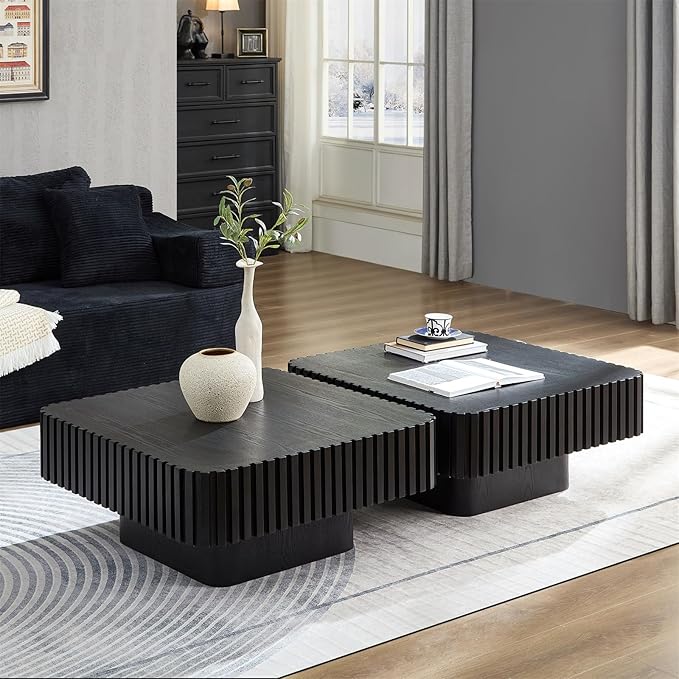 LKTART Square Coffee Table for Living Room, Accent Fluted Coffee Table with Storage, Modern Solid Wood Veneered Large Center Tea Table for Small Space Apartment (35.4''D×16''H-Black)