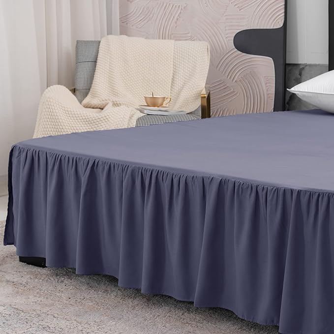 Navy Blue Bed Skirt Twin Size Ruffled Bed Skirt with Split Corners, 16 Inch Drop Dust Ruffle Bed Skirts with Platform, Navy Blue