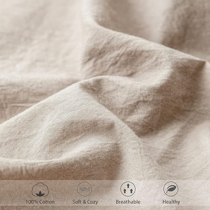 MooMee Fitted Bottom Sheet Only 100% Washed Cotton Linen Like Textured Breathable Durable Soft Comfy Deep Pocket Fits Mattress up to 17" (Taupe, King)