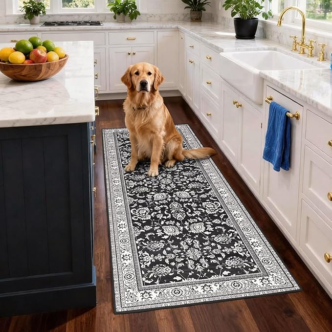 3x8 Runner Rugs for Hallways: Kitchen Runner Non Slip Washable Rug with Rubber Backing Stain Resistant Carpet Low Pile Floral Rugs for Bedroom Bathroom Laundry Living Room Black White 3x8