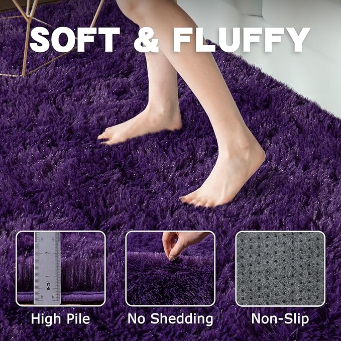 Round Purple Rug for Bedroom, 4 ft Circle Area Rugs for Living Room, Soft Fluffy Shag Carpet for Teen Girls Boys Nursery Room Dorm Home Decor Aesthetic