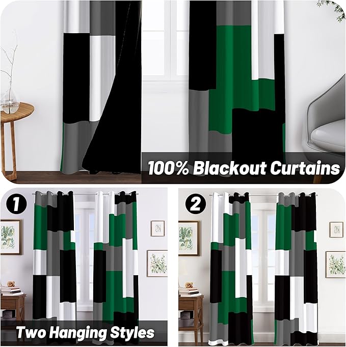 Green Blackout Curtains for Bedroom 84 inch Long 2 Panels Set Christmas Green Grey Modern Abstract Geometric Black Out Curtains Insulated Room Darkening Window Drapes for Living Room, 52Wx84L