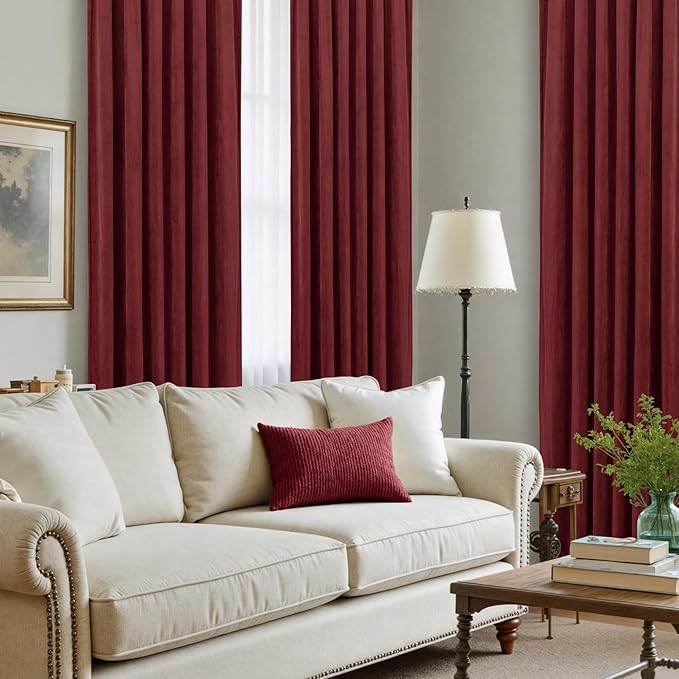 LAMIT Burgundy Red Velvet Curtains for Living Room Theater, 102 Inch Thermal Insulated Panels Vintage Room Darkening Back Tab and Rod Pocket Christmas Drapes for Bedroom, 2 Panels, 52 x 102 Inch