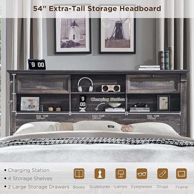 T4TREAM Farmhouse Queen Size Bed Frame with 54" Tall Storage Bookcase Headboard, Wood Platform Bed Frame with 18" Tall Roman Column Decoration Footboard & 2 Drawers(Dark Rustic Oak)