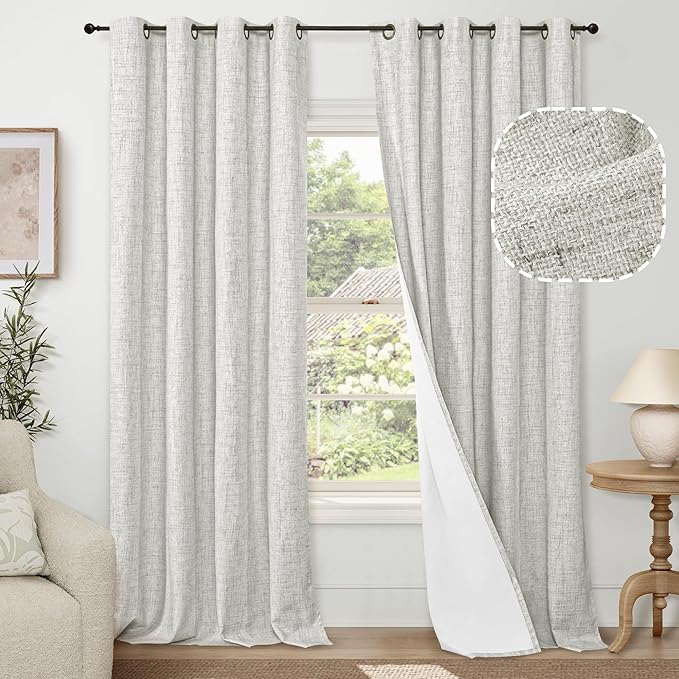 100% Blackout Curtains for Living Room 84 Inch Length 2 Panels Set, Thermal Insulated Light Blocking Boho Faux Linen Window Curtains for Bedroom, Bronze Grommet, Each 52" Wide, Light Grey